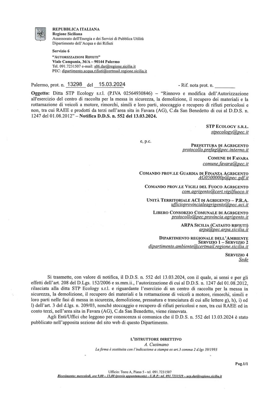 Copertina Autorizzazione all'esercizio del centro di raccolta
